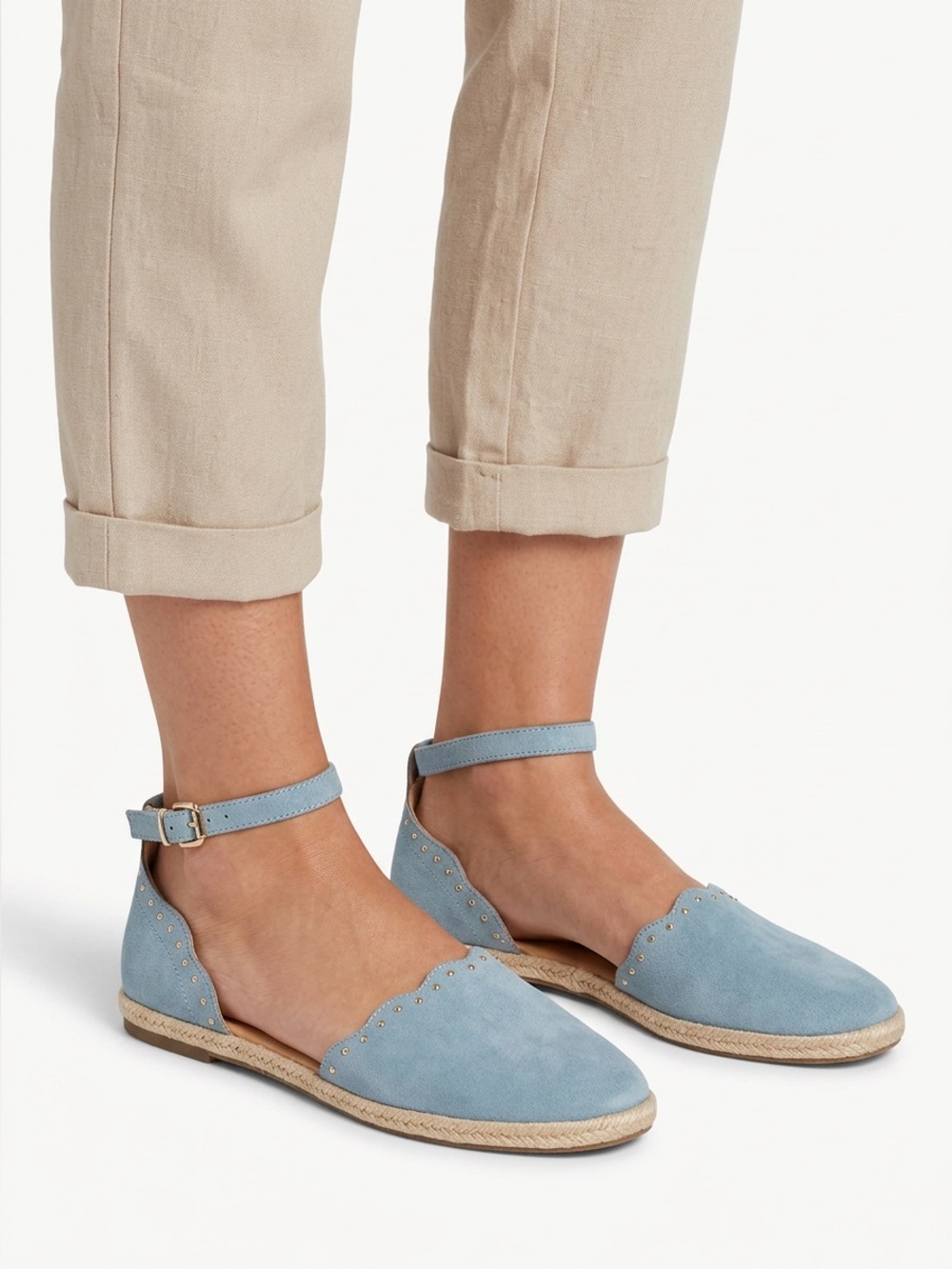Lauren Conrad Women’s Ankle Strap Flats Sky Blue Gold Stud decor shoes Sz 7